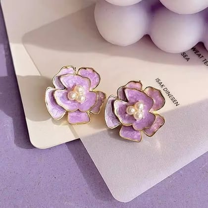 Purple Camellia Flower Korean Earrings