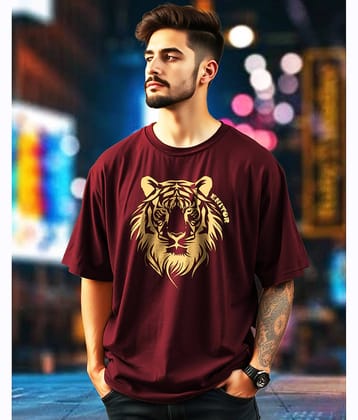 ENITOR Men Cotton Blend Oversized Fit Printed T-Shirt ( Maroon )