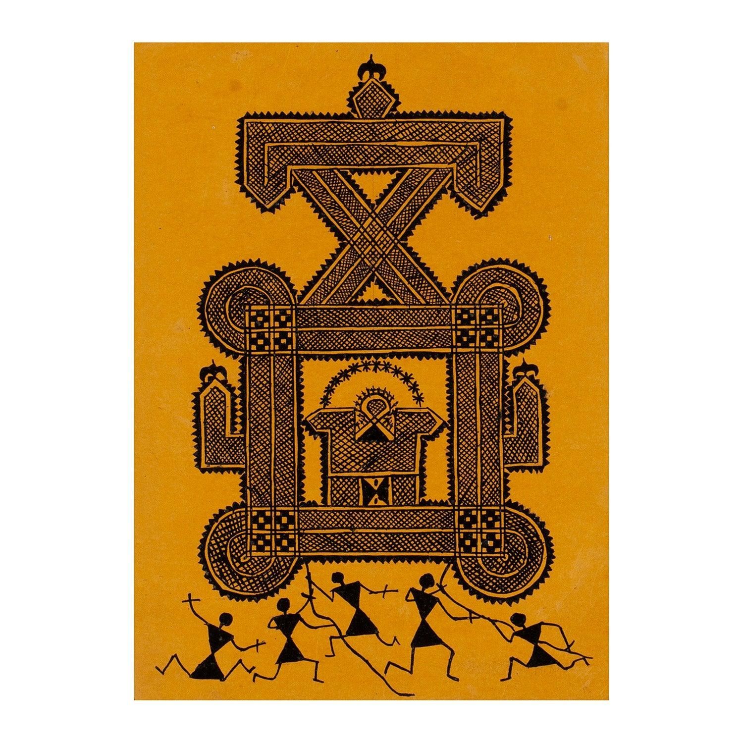 Mandana Painting Black Painting 8 x 11 point 5 Inch Tribal Art