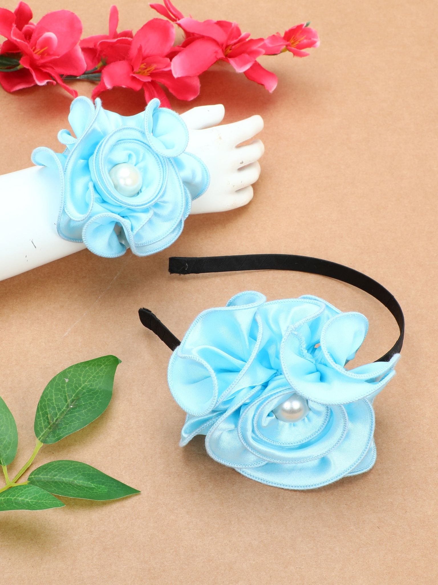Satin Flower Bracelet & Hairband Set- Blue-one Size / Blue