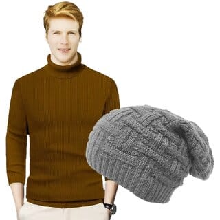 (Combo of 2) Fashlook Solid Brown Full Sleeve Sweater for Men and Comfortable and Stylish Winter Wear and Fashlook Woolen Silver Casual Winter Cap