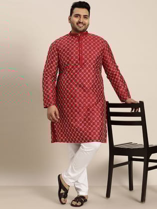 Men's Silk Blend Maroon Kurta with Multi Color embroidery and White Pyjama-44