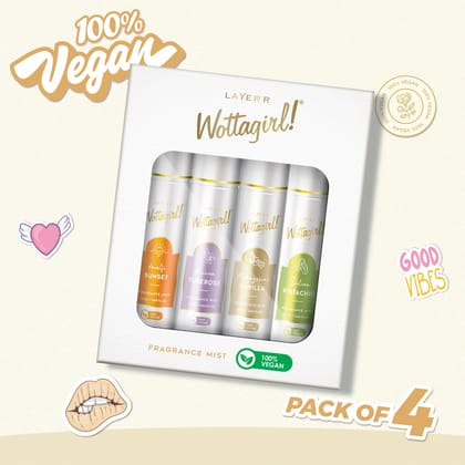 Layer�r Wottagirl Fragrance Mist Combo Pack of 4 (25ml Each) � 100% Vegan � Amalfi Sunset, Sicilian Pistachio, Madagascar Vanilla & Mexican Tuberose � Long-Lasting Fragrance Mist for Women