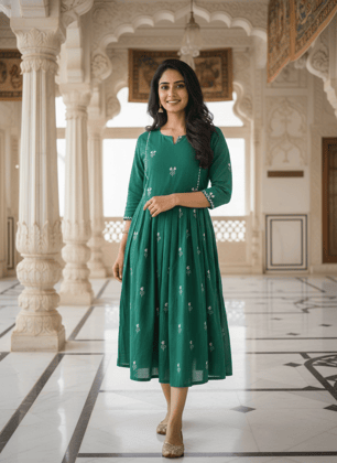 Cotton Printed Long Dress for Women | Anarkali Style | 3/4th Sleeve | Casual & Festive Wear