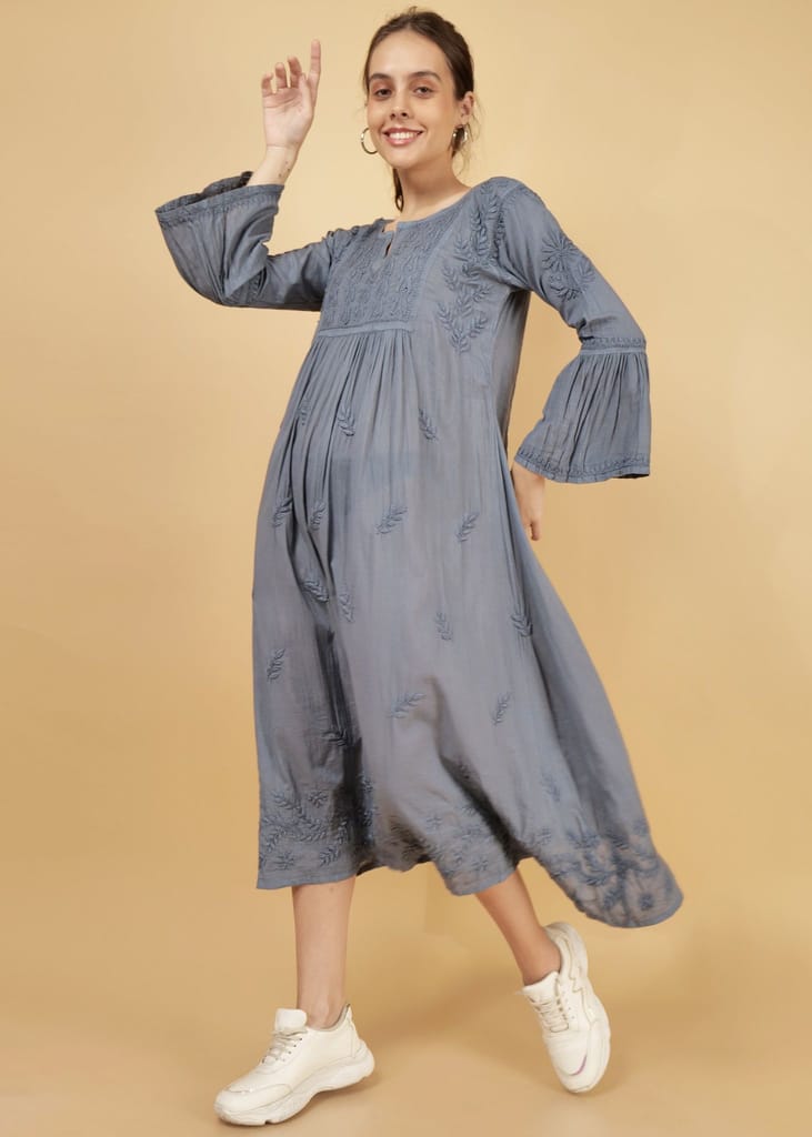 Mulmul Hand Embroidered Knee length Chikankari Dress Grey