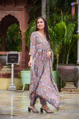 Pink and Blue paisley Floral Print Kurta Set-S / Blue / Silk plus Viscose