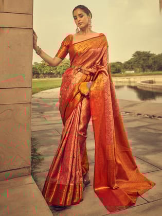 Red Woven Designed Zari Brocade Weaving Silk Saree