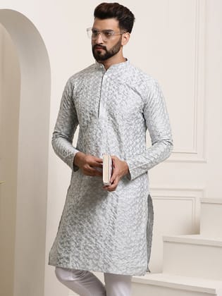 Men's Silk Blend Light Grey Embroidered ONLY Long Kurta-36