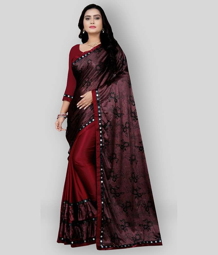 Gazal Fashions Silk Blend Printed Saree With Unstitched Blouse Piece ( Maroon )