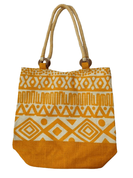 Yellow and White Handwoven Jute Tote Bag with Geometric Print - Handbags | Buy online on ZillyBuy