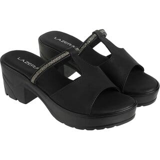 Lazera Platform Heels Sandals Embellished T-Strap Upper Pattern Open Back Mules For Women Black