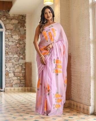 Lavender Georgette Saree with Hand-Painted Orange Marigold Floral Bunches – Attached Blouse – 5.5 Meters-Regular