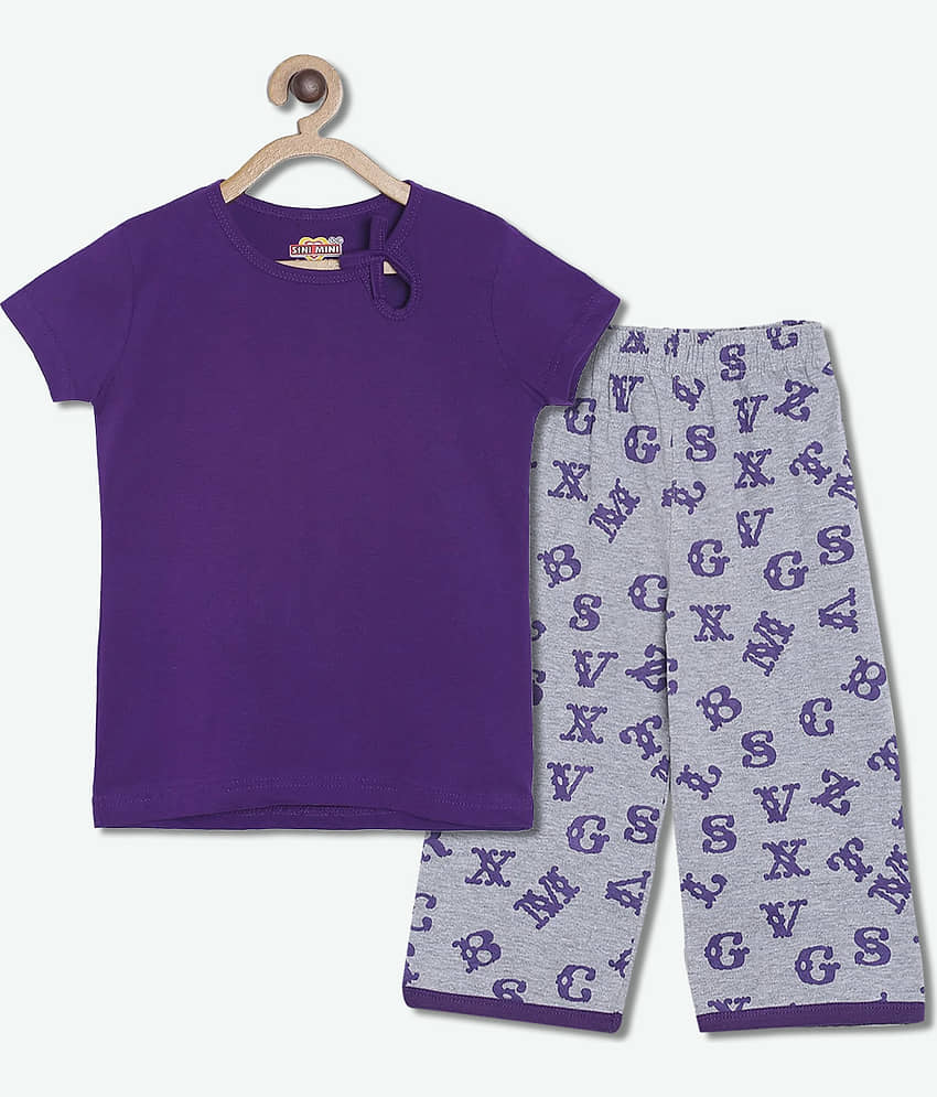 Sini Mini Pack of 1 Girls Cotton Top With Capris ( Violet )