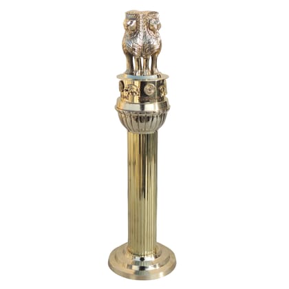 Brass Ashok Lath Pillar � Traditional Decorative Indian Emblem Statue, Height : 17 Inch (FMAS691 I)