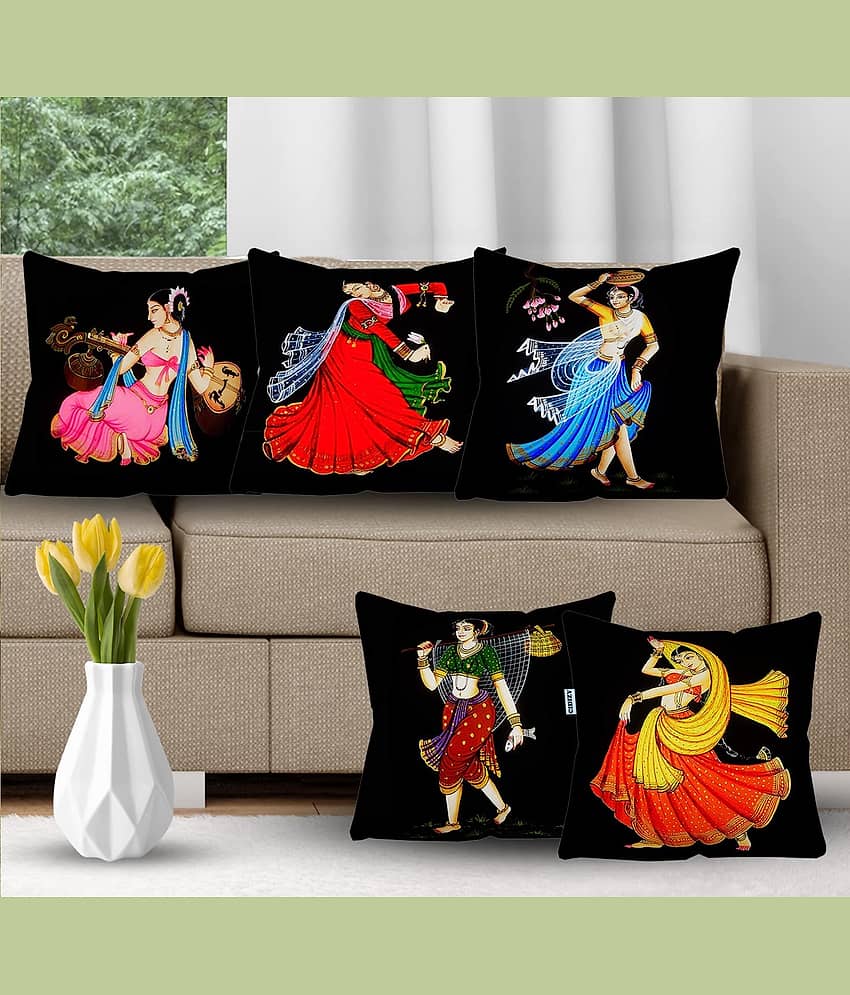Crosmo Set of 5 Satin Ethnic Square Cushion Cover (40X40)cm - Black