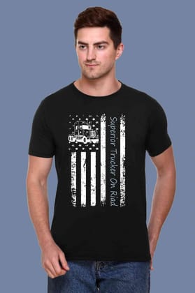 Men's Pure Cotton Black T-Shirt with Bold Front Panel Print, Trendy Half Sleeve Round Neck Casual Tee (Color-Black, Size-L)