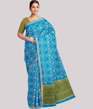 KSR HANDLOOMS PVT LTD Cotton Blend Printed Saree With Unstitched Blouse Piece ( Blue )