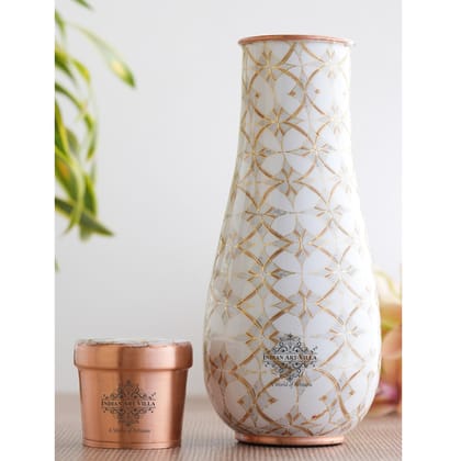 Indian Art Villa Handcrafted Pure Copper Bedroom Bottle with Golden Print Design, Ayurveda, Vase Shape, 1500 ML-BlockPrint