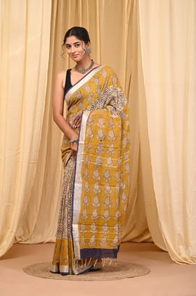 HAND BLOCK PRINTED COTTON LINEN SAREE WITH BLOUSE
