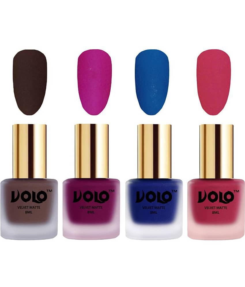 VOLO Velvet Dull Matte Posh Shades Nail Polish Brown,Magenta,Blue, Pink Matte Pack of 4 32 mL