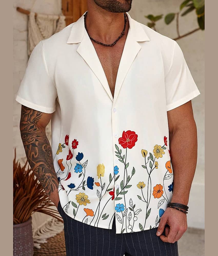 HARPITA Cotton Blend Regular Fit Printed Half Sleeves Cuban Collar Men's Casual Shirt - Off-White ( Pack of 1 )