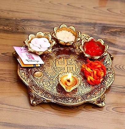 Chhariya Crafts Metal Pooja Thali with Diya for Home and Office Temple Puja Item (1 Pieces, Gold)