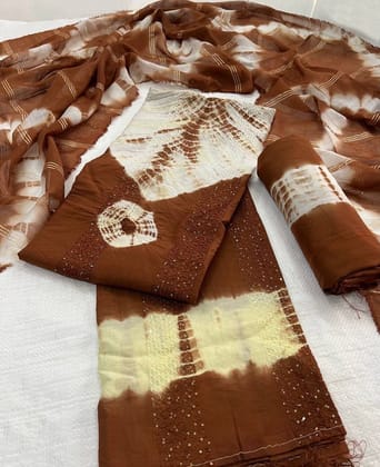 Pure Viscos Cotton Shibori 3 Pc Bandhani Dress Material (Unstitched)-Brown