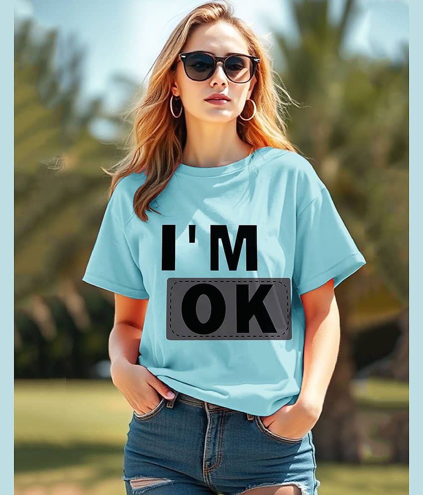 AOOSH Women Cotton Blend Printed Oversized Fit Round Neck T-Shirt ( Light Blue )