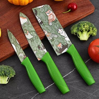 Stainless Steel Knife Set Premium with Covers Floral Green-3 Pcs