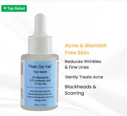 Plein De Vie Face Serum for Acne & Blemish Free Skin | Blackheads & Scarring | Unclogs Pores | 10% Niacinamide | 0.2% Hyaluronic Acid | 1% Tea Tree | Serum For Men and Women | 30ml