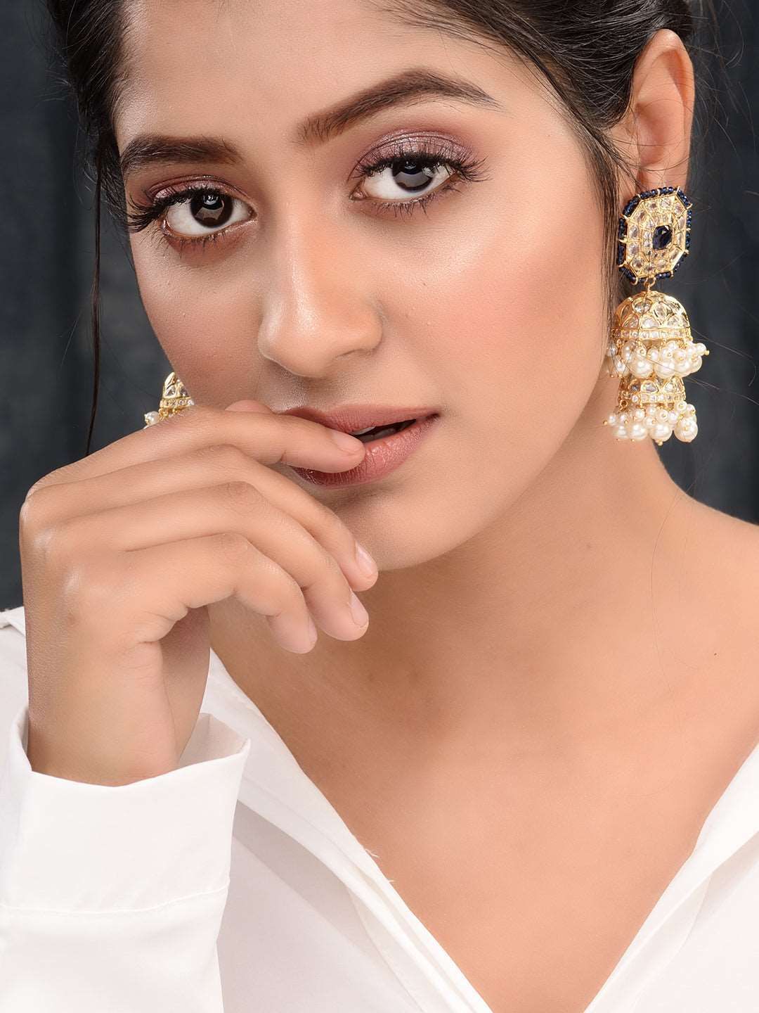 Gold Plated Polki Studded Blue Beads Chandelier Jhumka Earrings