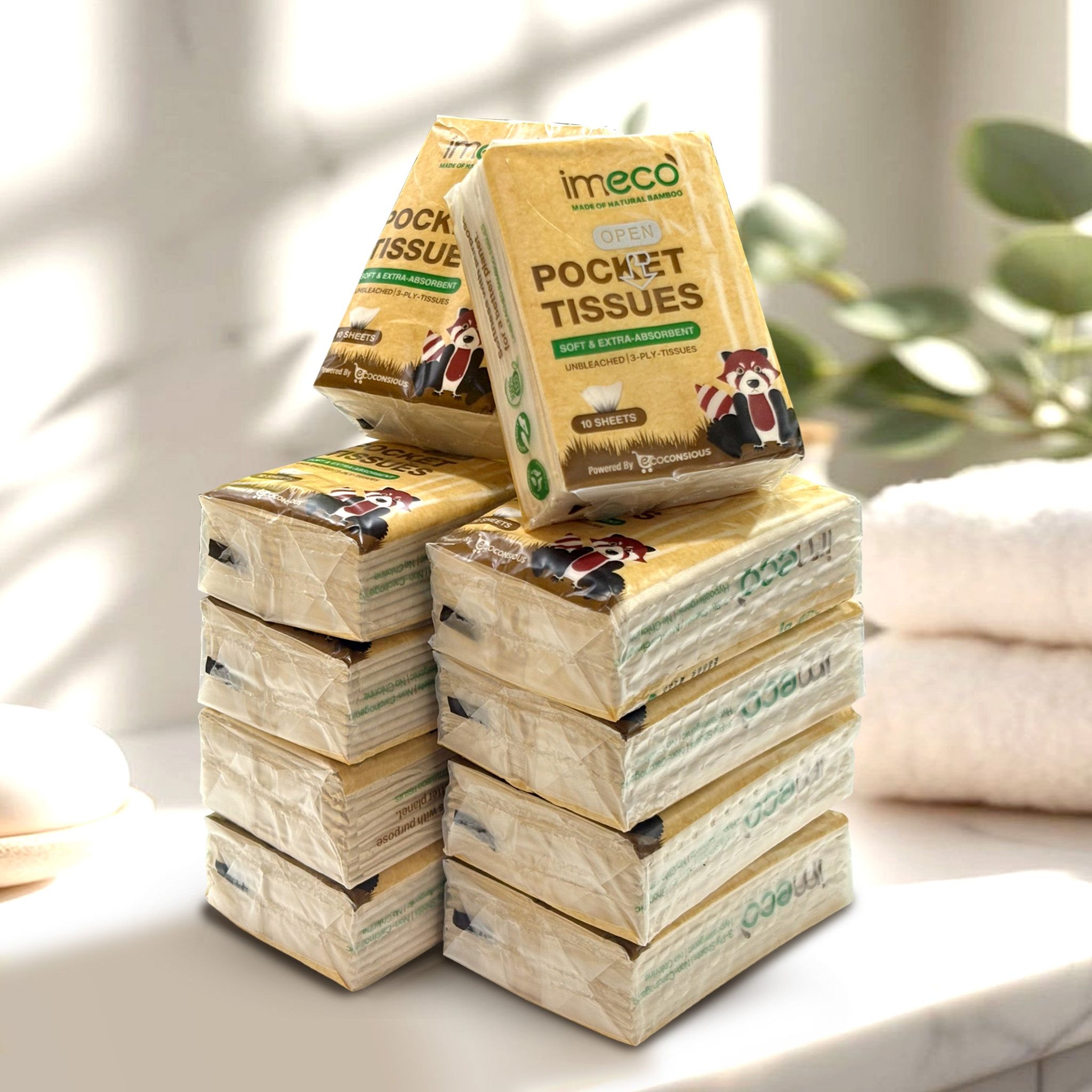 Imeco Ultra-Soft Bamboo Pocket Tissues (100 Pulls, Pack of 10) | Hypoallergenic & Extra-Absorbent | On-The-Go Care