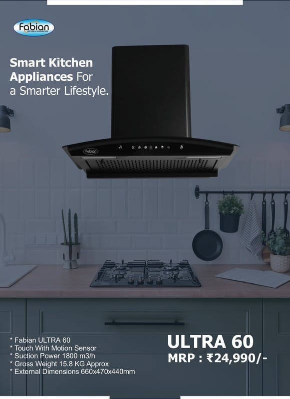 Fabian Ultra 60 Kitchen Chimney (Black) | 1800m3/hr Powerful Suction | Touch & Motion Sensor Control