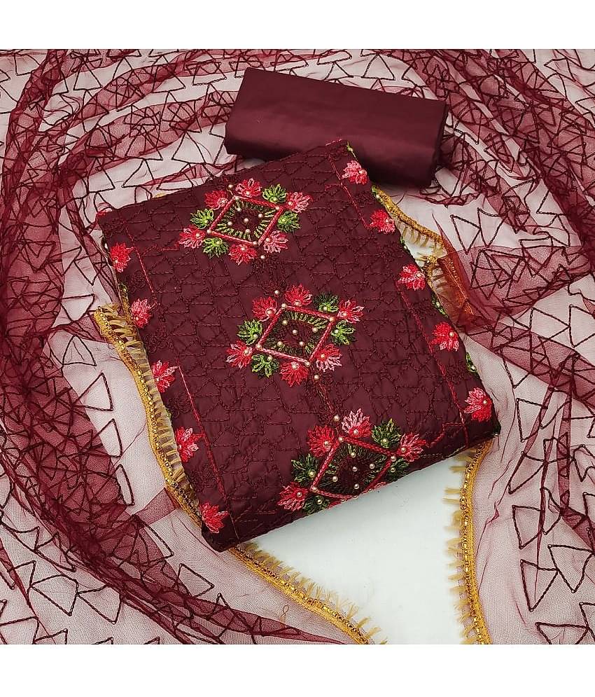 Gazal Fashions - Unstitched Maroon Cotton Blend Dress Material ( Pack of 1 )