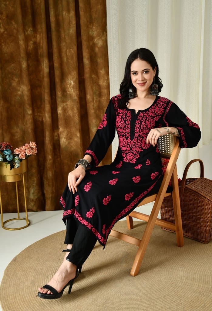 Black Kurta with Intricate Chikankari Work - Pink