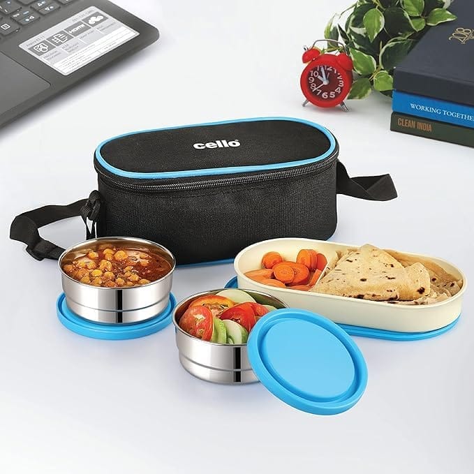 Stainless Steel Lunch Box for Office & School, 3 Containers, Blue_assorted colour