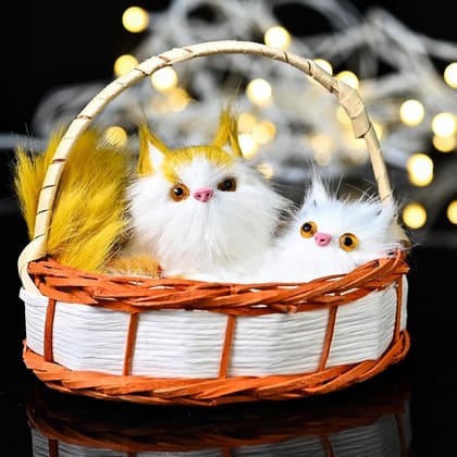 White Cat Soft Toys - Cat In Basket Mini Kitten Doll With Realistic Meow Sounds - Touch-Activated Cat Toy Doll Decor For Office Desk, Handheld Gift For Kids, Boys, Girls & Girlfriend