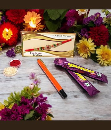 auteur 801 Stylish Black Roller Ball Pen and Designer Rakhi Gift Set for Brother With Chocolates, Roli, Mishri and Rice.