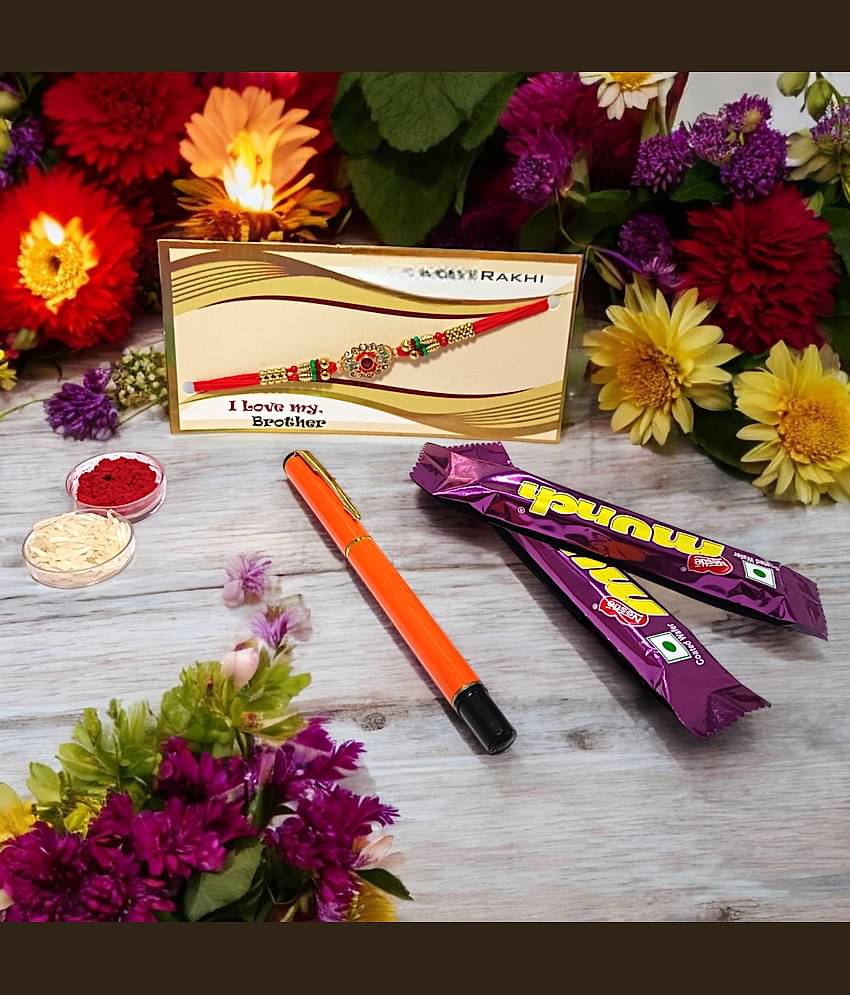 auteur 801 Stylish Black Roller Ball Pen and Designer Rakhi Gift Set for Brother With Chocolates, Roli, Mishri and Rice.