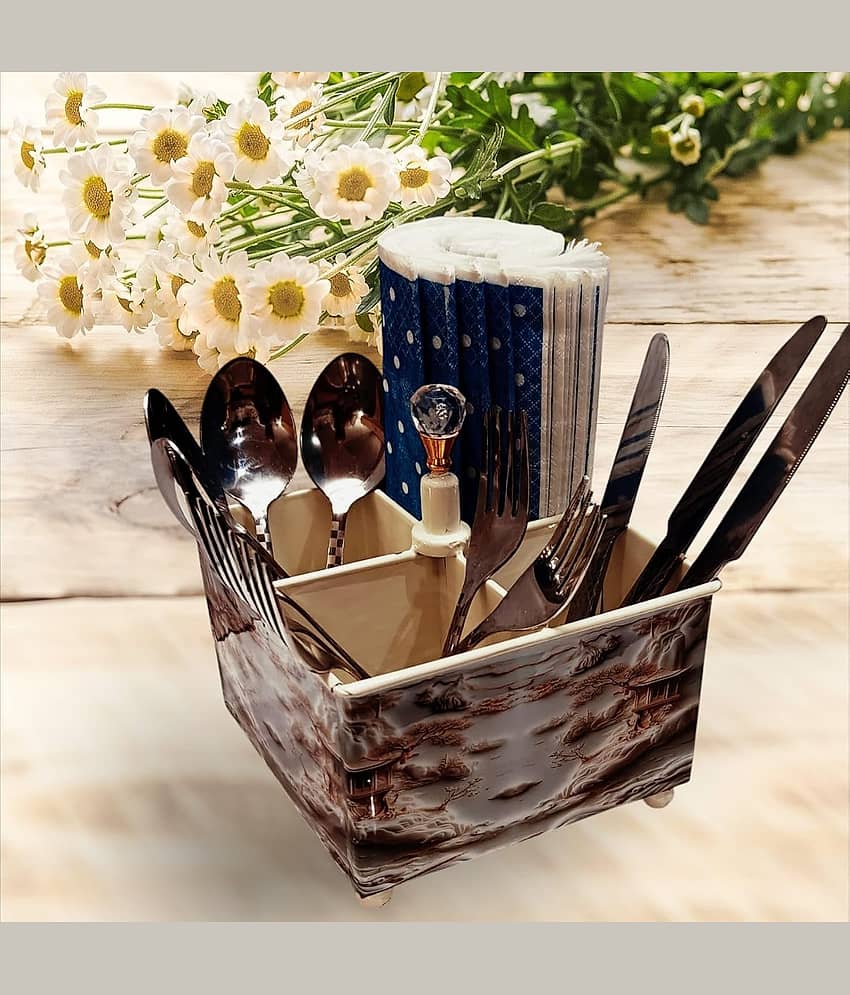 Metal Kitchen Cutlery Holder Spoon And Tissue Holder For Dining Table Cutlery Stand Cutlery Holder for Dining Table and Kitchen | Multifunctional Organizer Stand (Brown)
