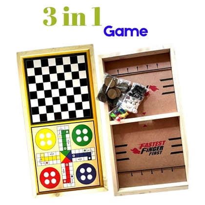 MM TOYS 3-in-1 Wooden Board Game with String Hockey, Chess & Ludo | Family Entertainment | 60x33 cm | Multicolor