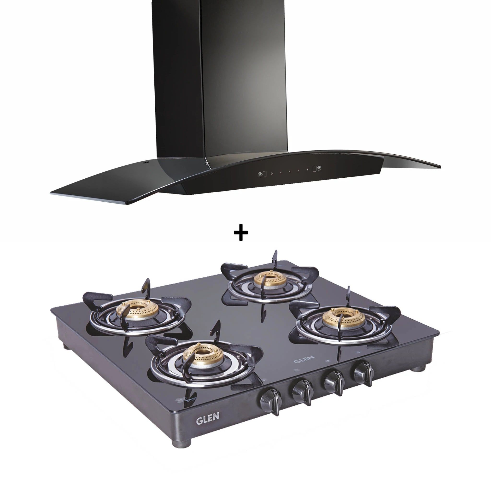 4 Burner Gas Stove Brass Burner (1043 GT) + Auto Clean Chimney with Motion Sensor 90cm 1050 m3h (6060 BL)