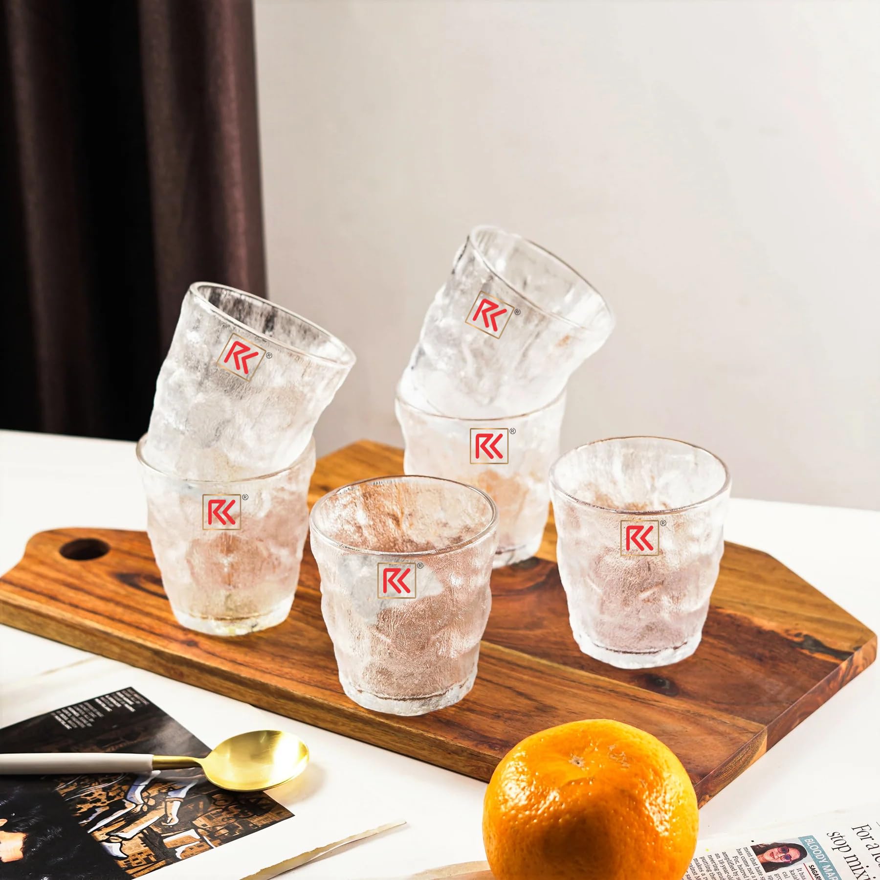 RK ICE Frost Diamond Crystal Clear Design All Purpose Glass Set Bar Glass for Drinking Bourbon, Whisky, Juice Scotch, Cocktails, Cold Drinks (Pack of 06,300Ml)