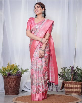 Graceful Pink and Silver Banarasi Silk Saree with Vibrant Floral Design, Zari Weaved Border, and Elegant Pallu-Regular