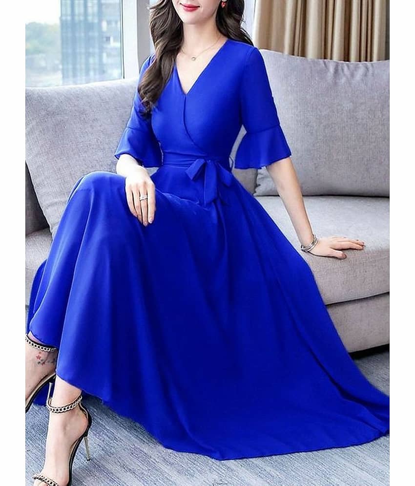 Raabta Fashion Women Georgette Solid Fit & Flare Dress ( Blue )