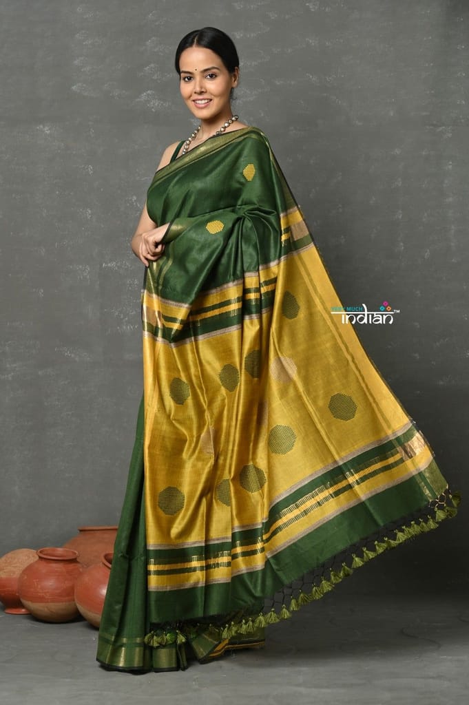 Tyohaar ~ Cotton Silk Saree By Khadigram Certified Weavers -  Olive Green with Mustard Yellow - Sarees | Buy online on ZillyBuy