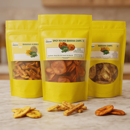3 in 1 Combo | Banana Chips, Banana Kurkure & Spicy Banana Chips Combo - 300 gm - Three stand-up pouch