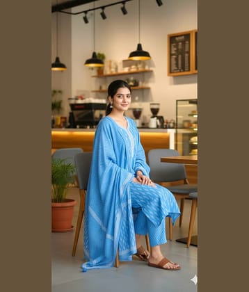 Flavia Creation Women Cotton Blend Embroidered A-line Kurti With Pants ( Blue )
