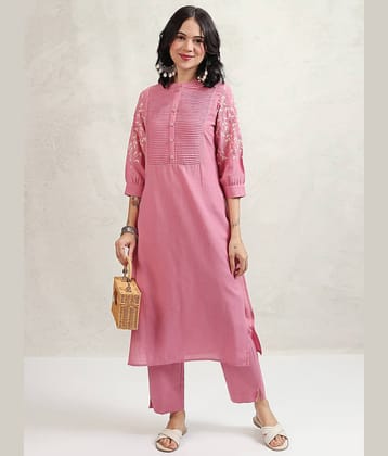 Vishudh Women Cotton Blend Embroidered Straight Kurti With Pants ( Pink )