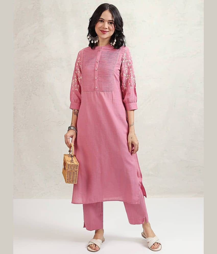 Vishudh Women Cotton Blend Embroidered Straight Kurti With Pants ( Pink )